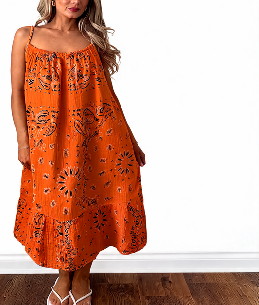 Paisley Print Strappy Tiered Midi Dress - Orange