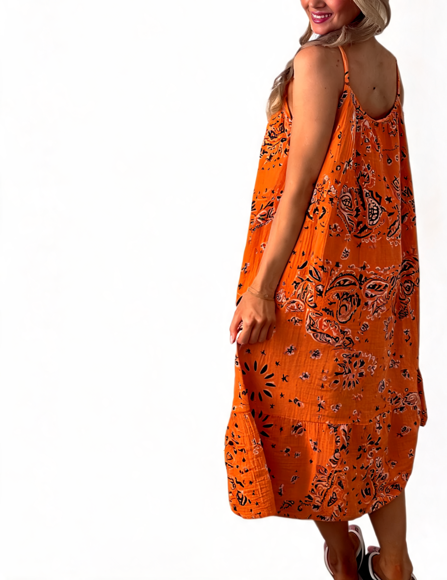 Paisley Print Strappy Tiered Midi Dress - Orange