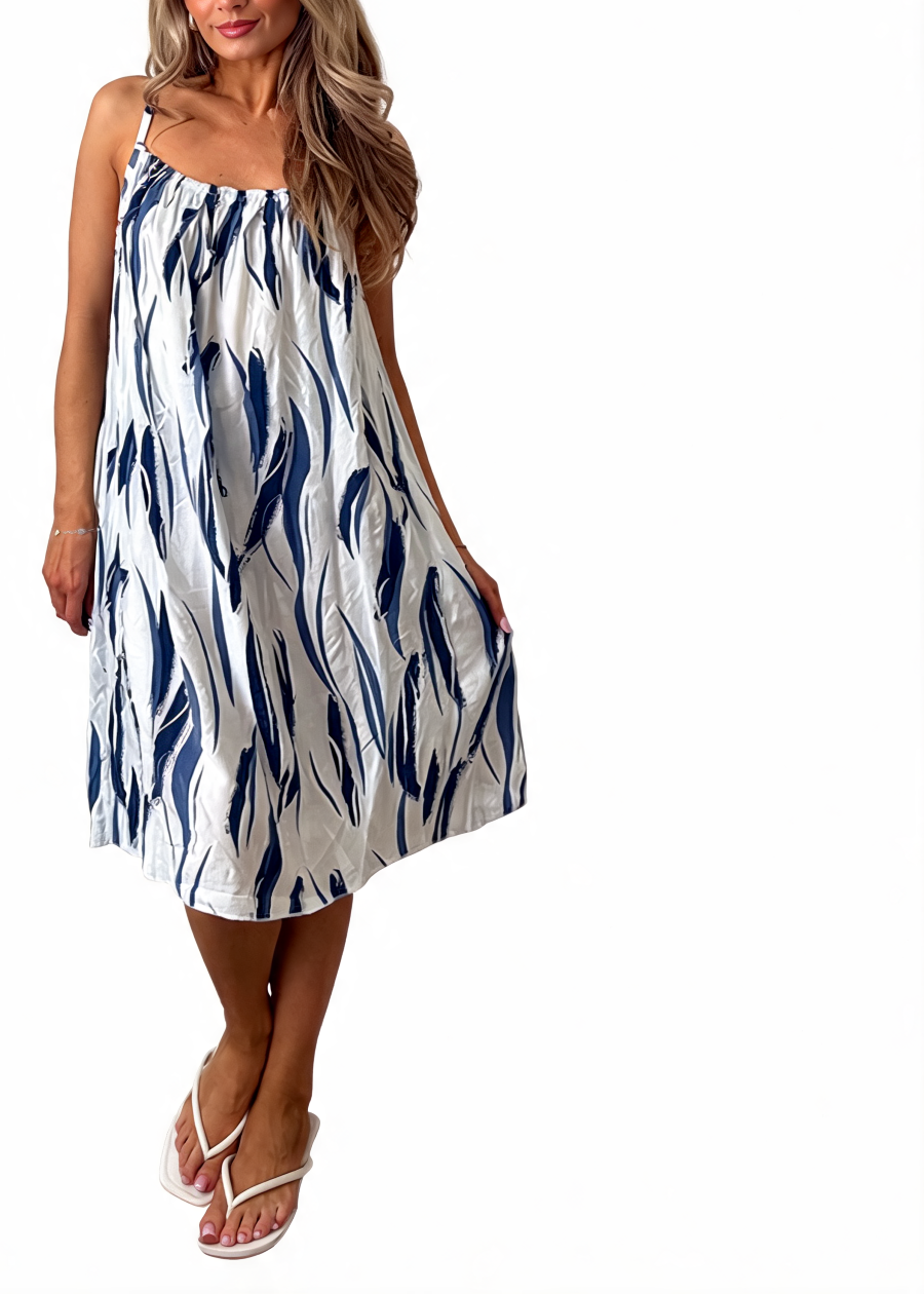 Navy and cream tie-dye midi sundress with spaghetti straps and gathered skirt