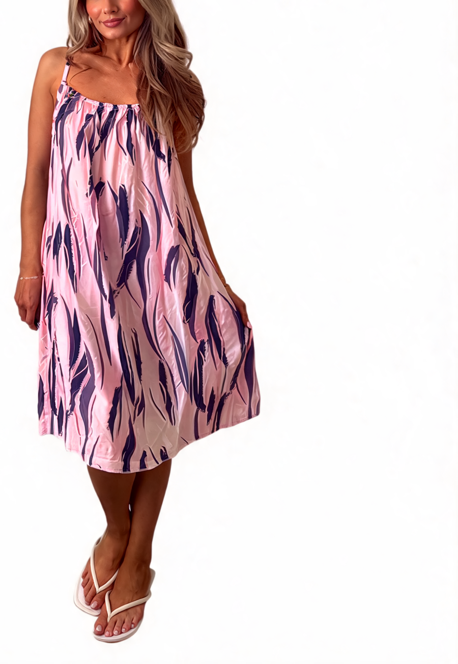 Pink and purple tie-dye midi sundress with spaghetti straps and gathered bodice