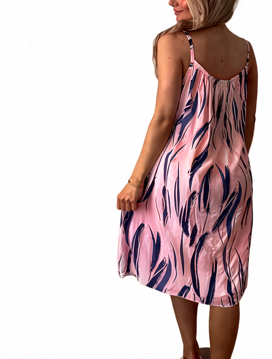Pink tie-dye midi sundress back with spaghetti straps and flared skirt