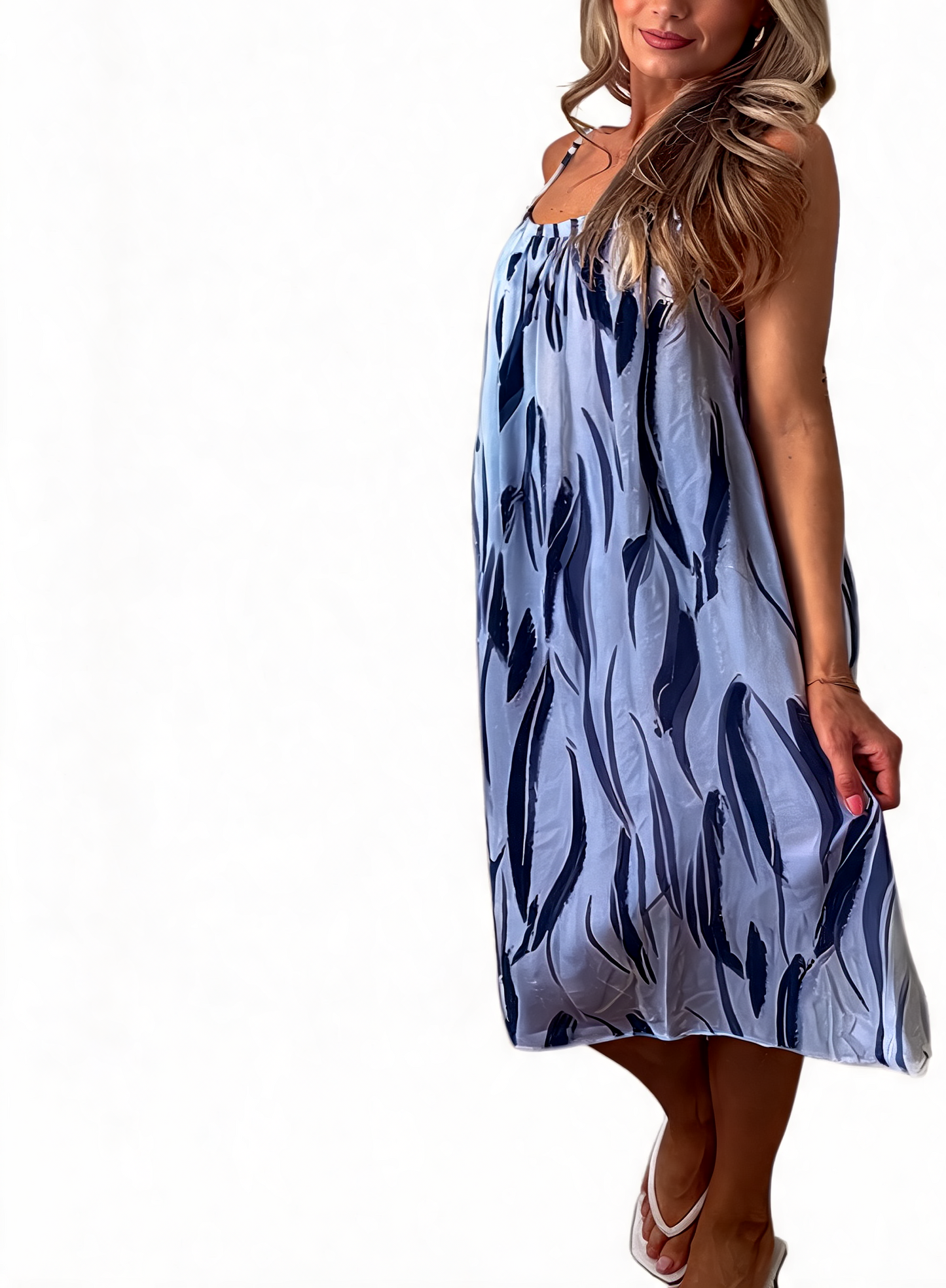 Light blue tie-dye midi sundress with spaghetti straps and gathered bodice