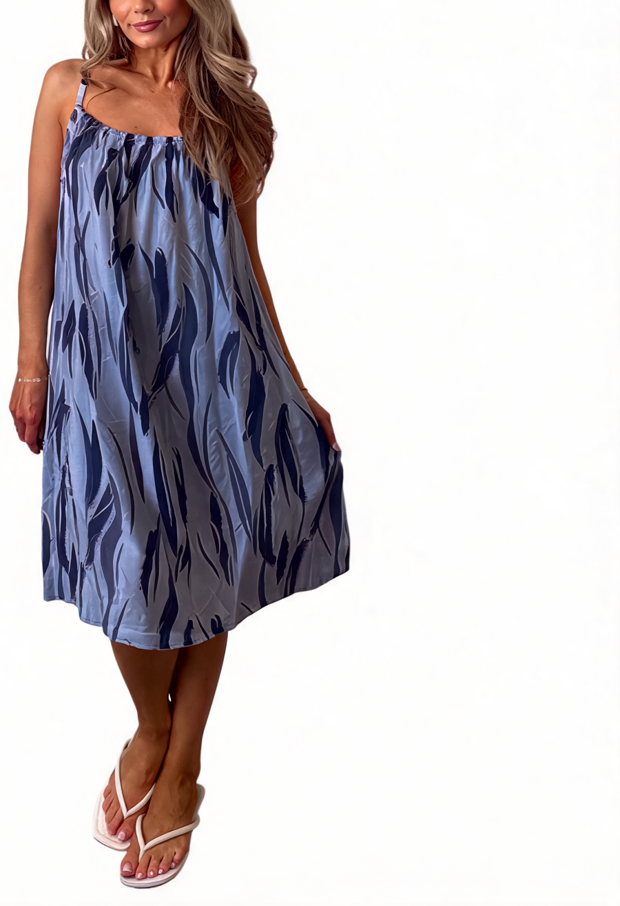 Blue tie-dye midi sundress with spaghetti straps and square gathered neckline