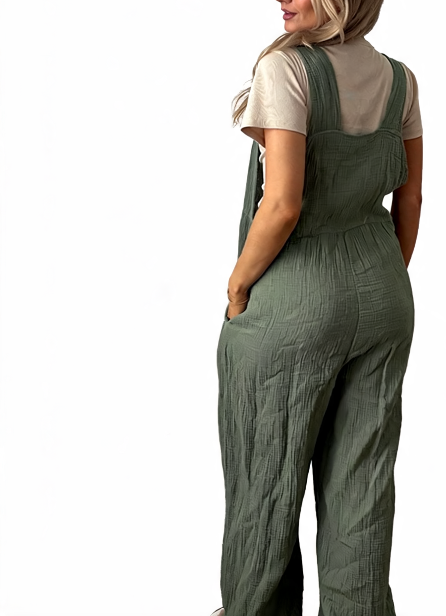 Cotton Gauze Wide Leg Dungaree Jumpsuit - Khaki