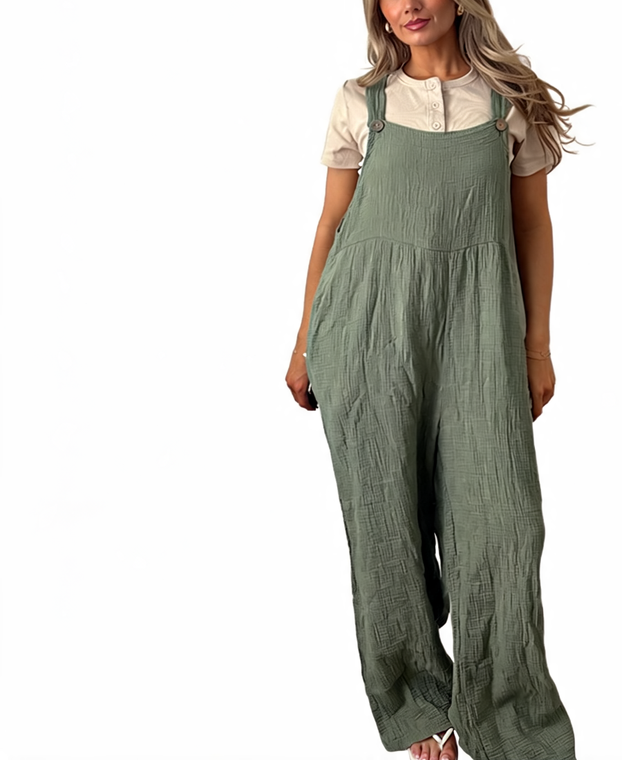 Cotton gauze wide-leg dungaree jumpsuit, sage green with adjustable button straps