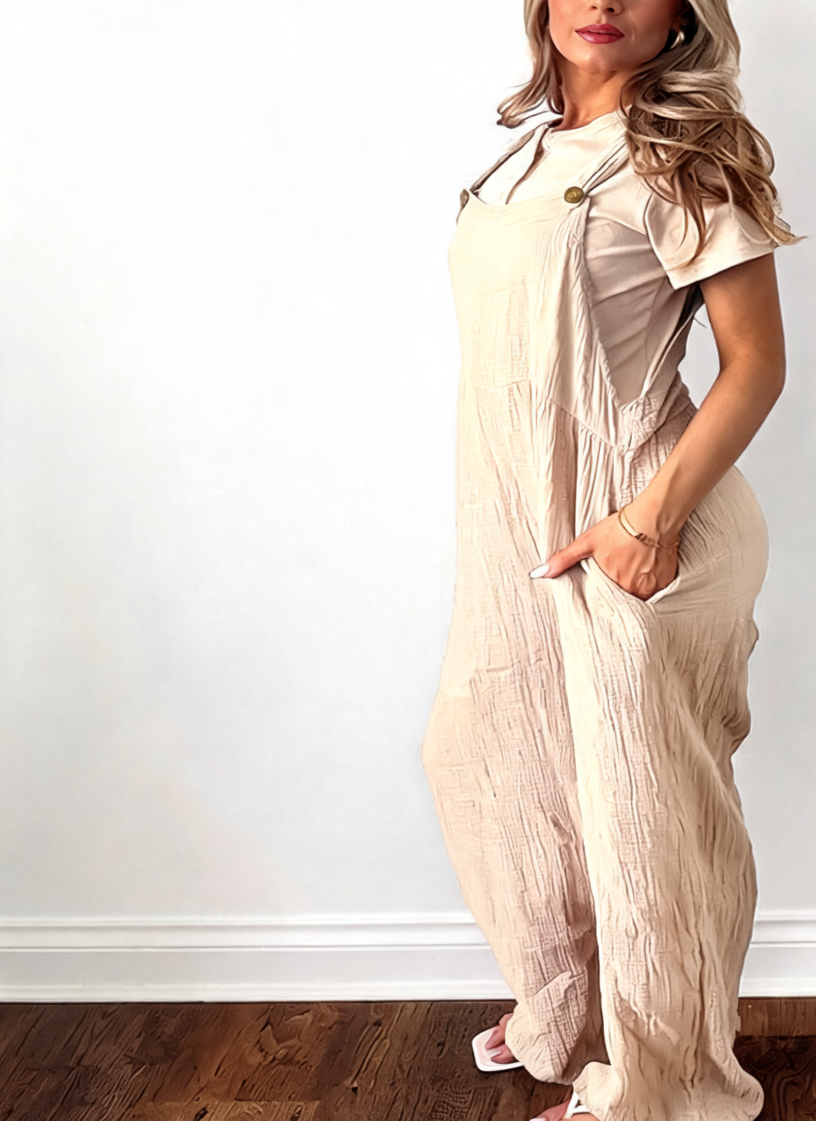 Cotton Gauze Wide Leg Dungaree Jumpsuit - Beige
