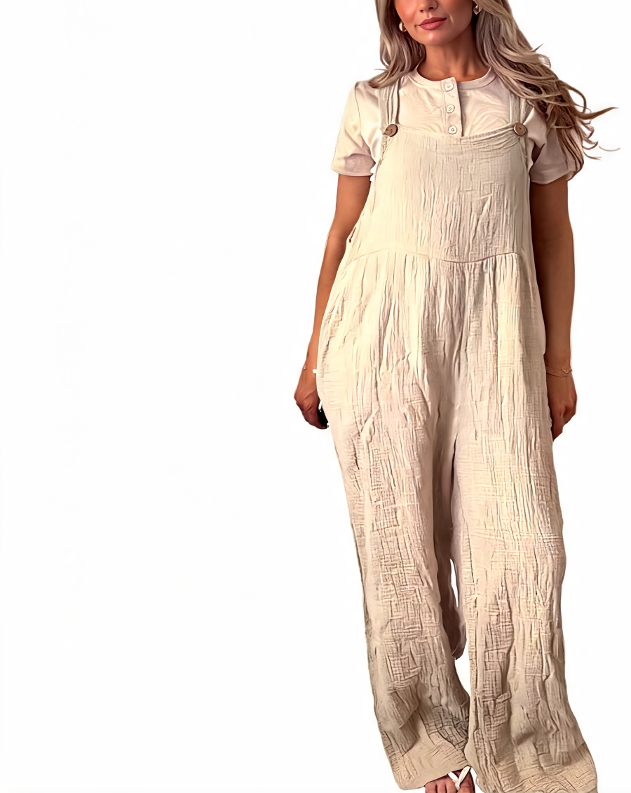Cotton gauze wide-leg dungaree jumpsuit, off-white sleeveless bib with button straps
