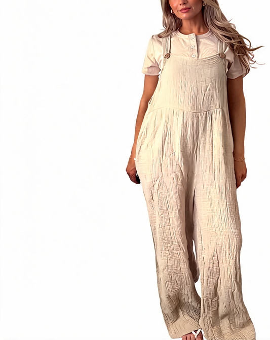 Cotton Gauze Wide Leg Dungaree Jumpsuit - Beige