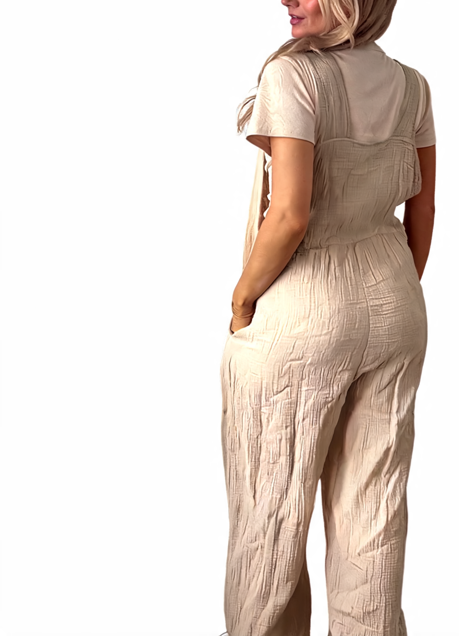 Cotton Gauze Wide Leg Dungaree Jumpsuit - Beige