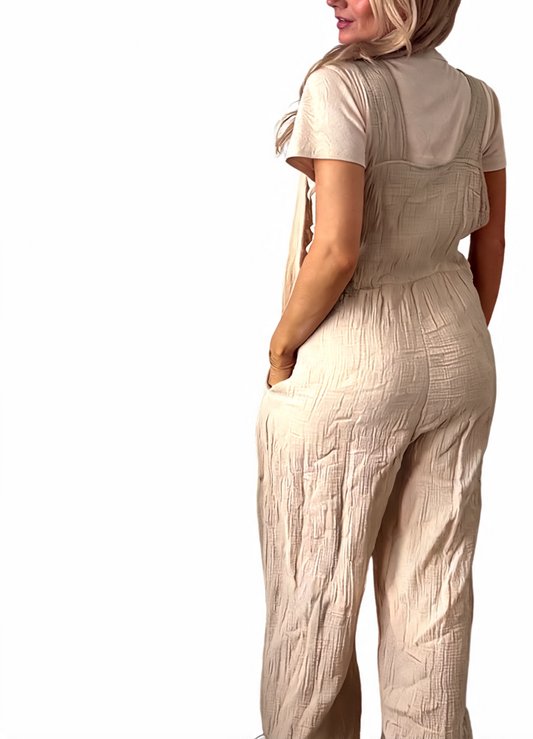 Cotton Gauze Wide Leg Dungaree Jumpsuit - Beige