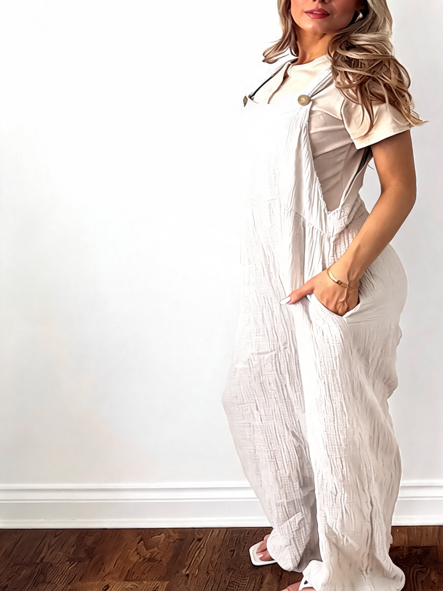 Cotton Gauze Wide Leg Dungaree Jumpsuit - White