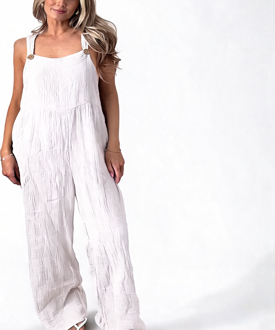 Cotton Gauze Wide Leg Dungaree Jumpsuit - White