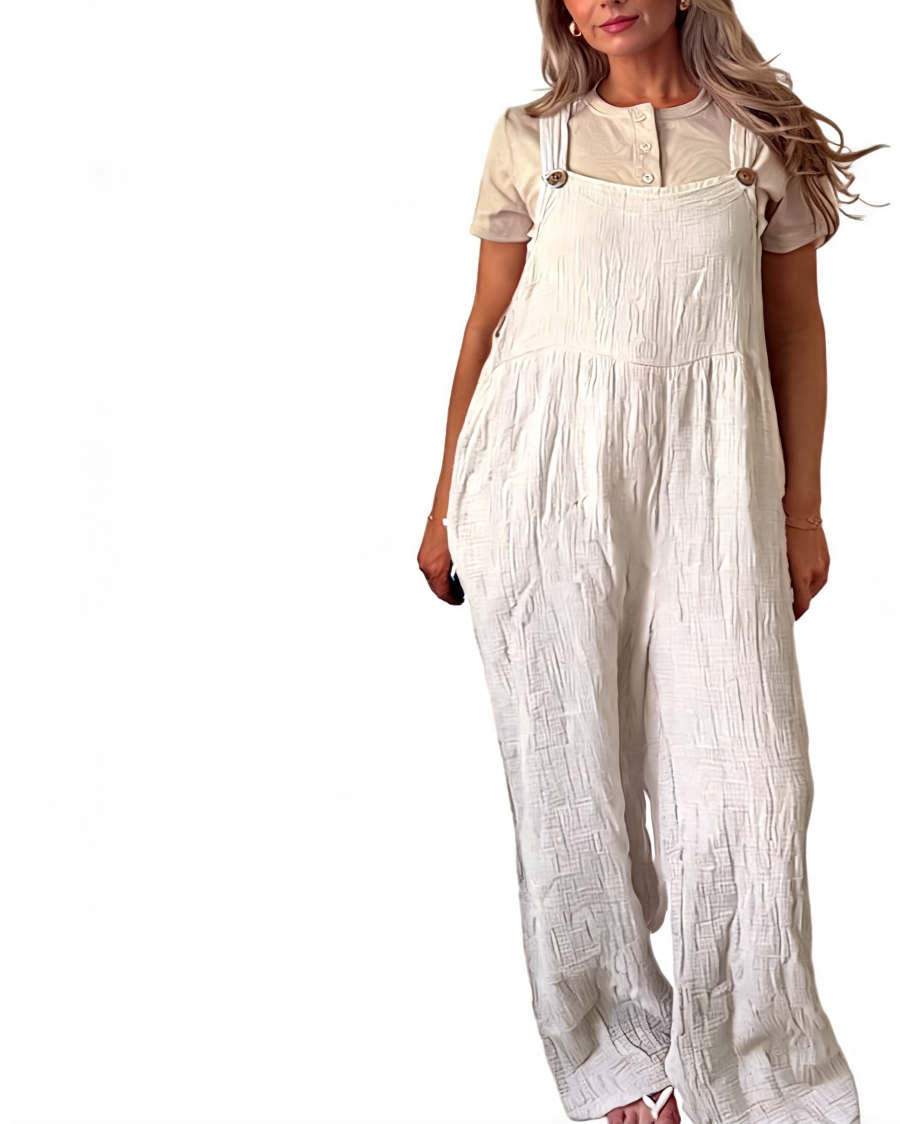 Cotton gauze wide-leg dungaree jumpsuit, off-white sleeveless with layered bib front