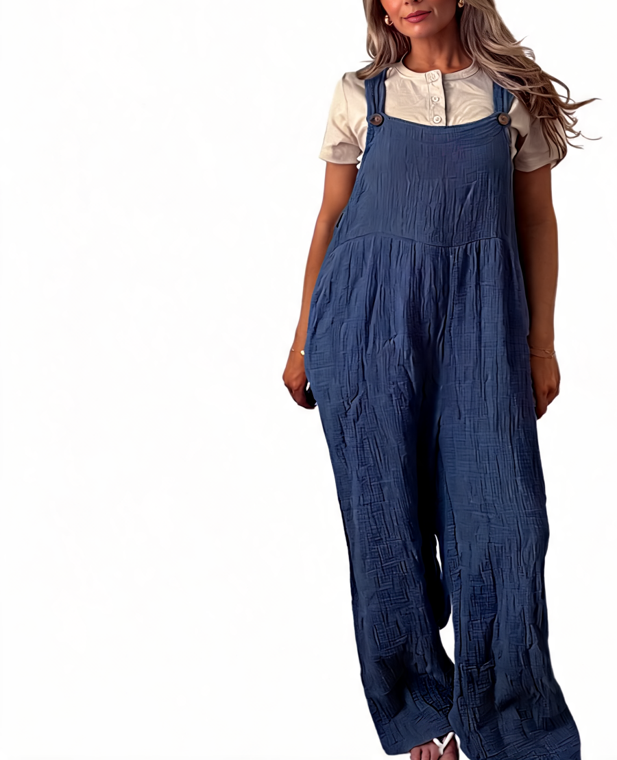 Cotton gauze wide-leg dungaree jumpsuit, navy blue sleeveless bib with wide legs