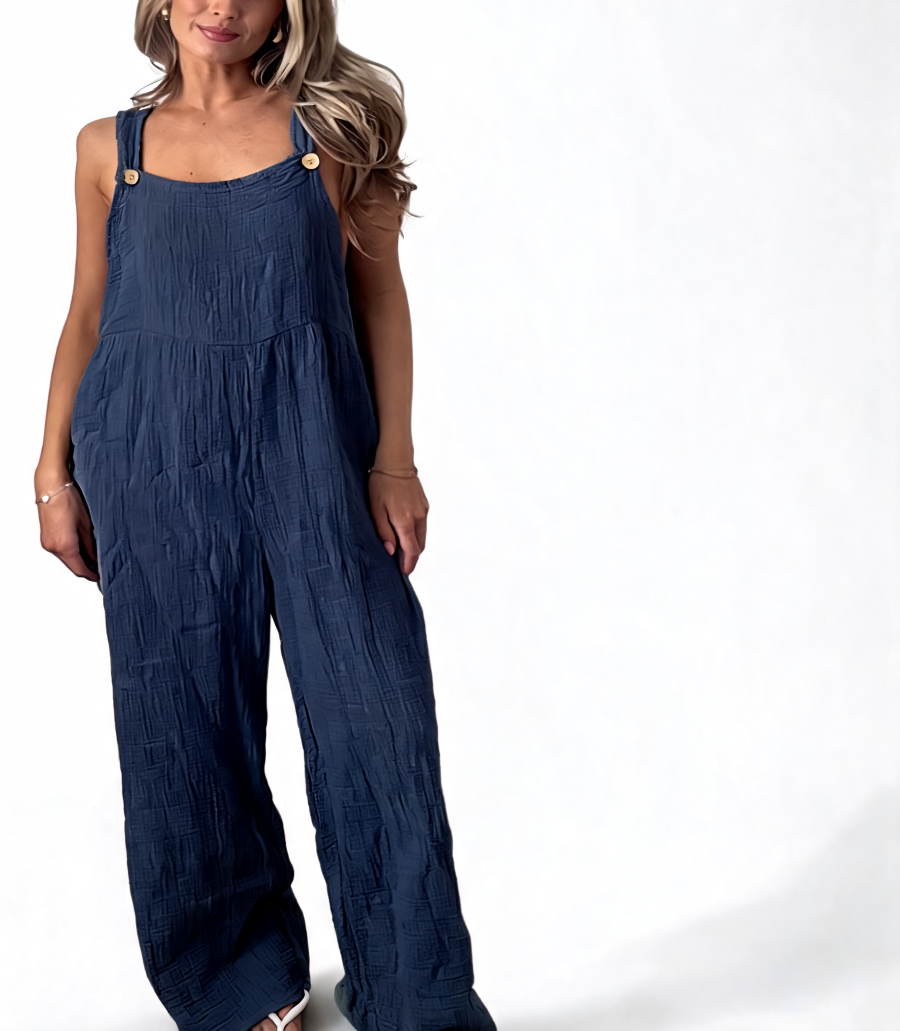 Cotton gauze wide-leg dungaree jumpsuit, navy blue sleeveless with button straps