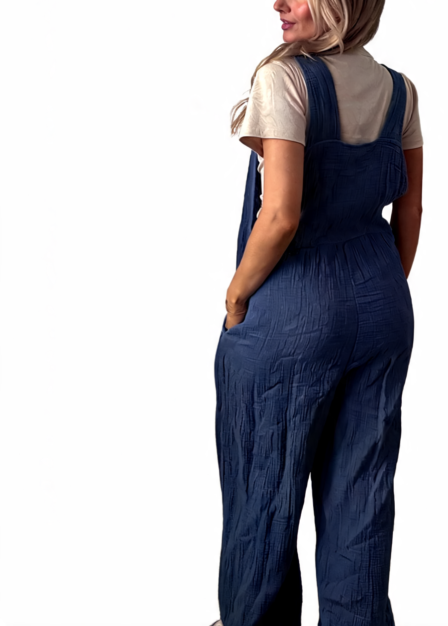 Cotton Gauze Wide Leg Dungaree Jumpsuit - Navy
