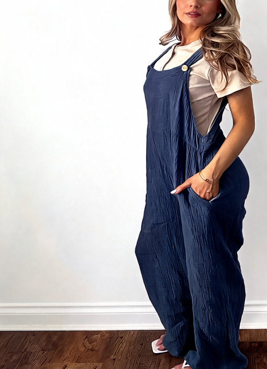 Cotton Gauze Wide Leg Dungaree Jumpsuit - Navy