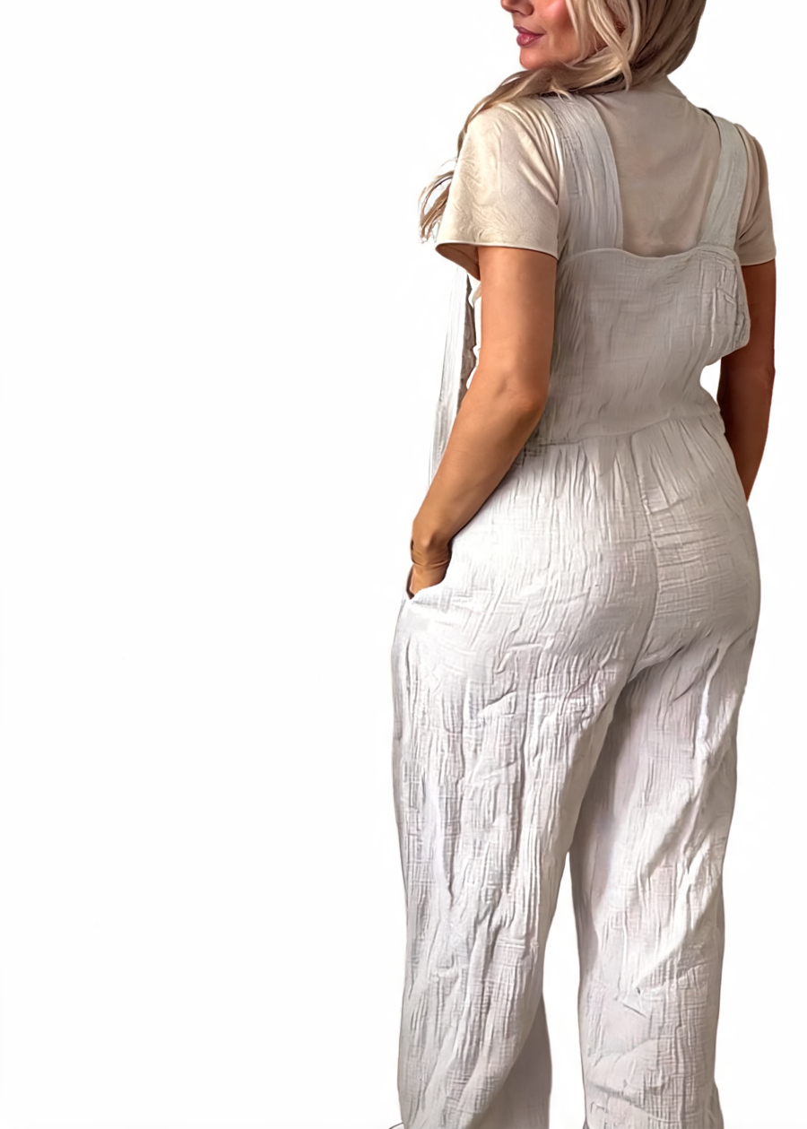 Cotton gauze wide-leg dungaree jumpsuit, white back view with gathered waist panel