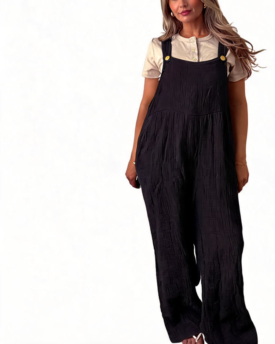 Cotton gauze wide-leg dungaree jumpsuit, black with button strap details and wide legs