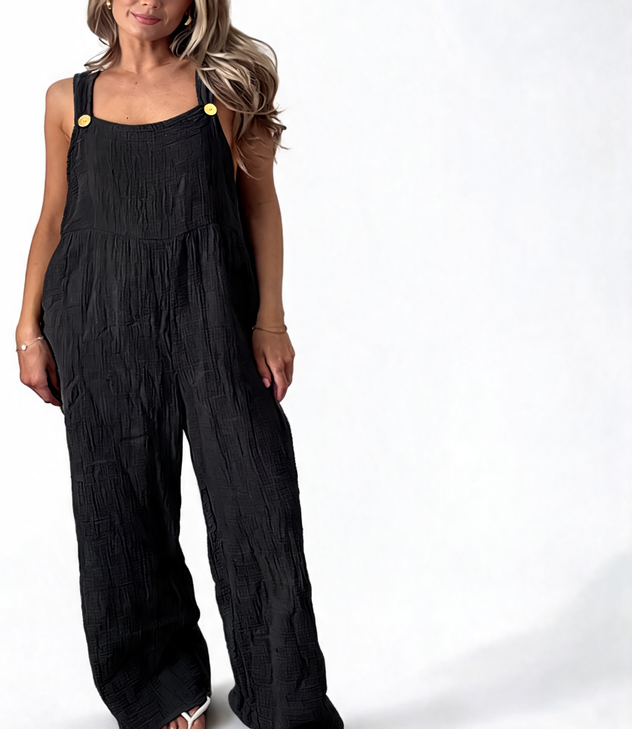 Cotton Gauze Wide Leg Dungaree Jumpsuit - Black