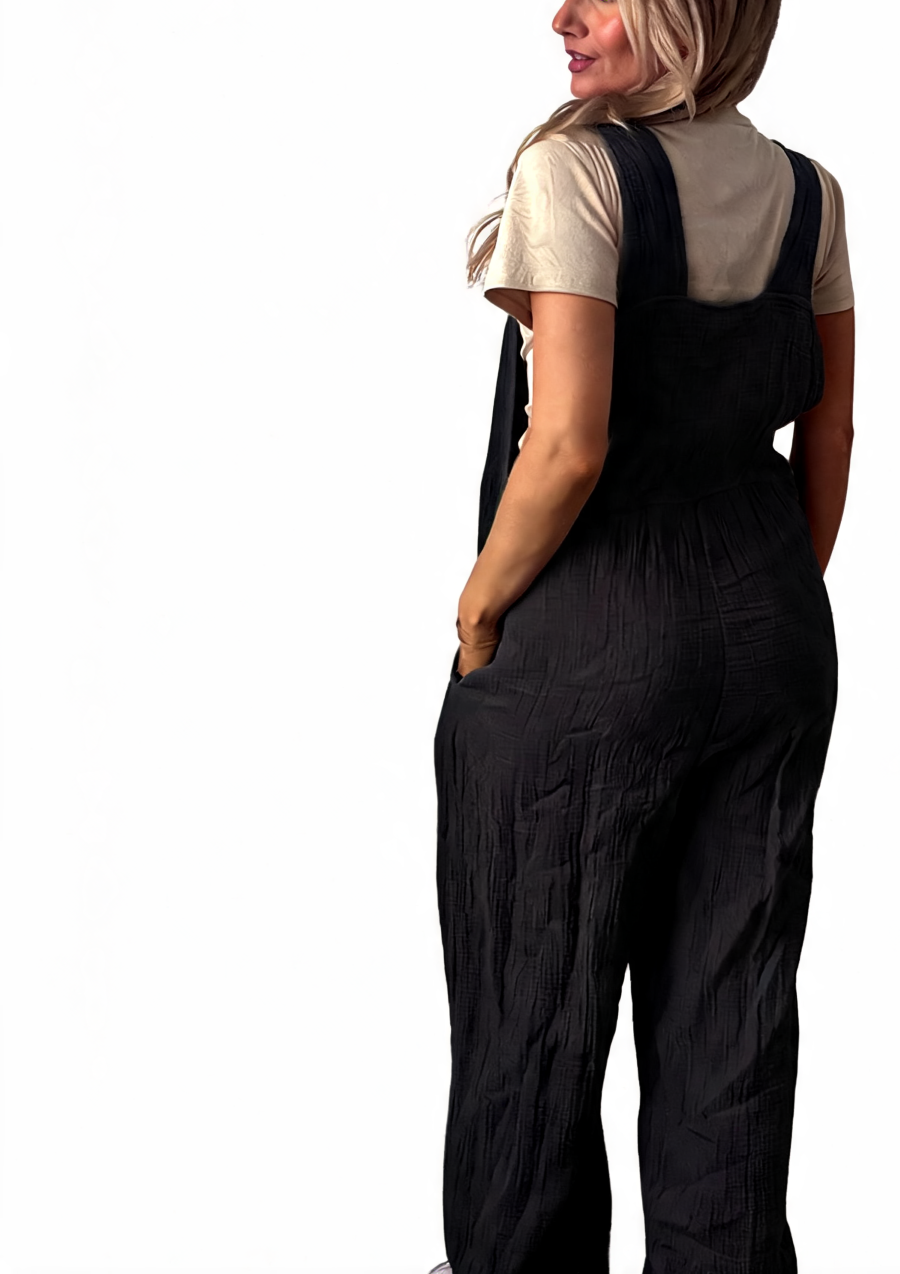 Cotton Gauze Wide Leg Dungaree Jumpsuit - Black