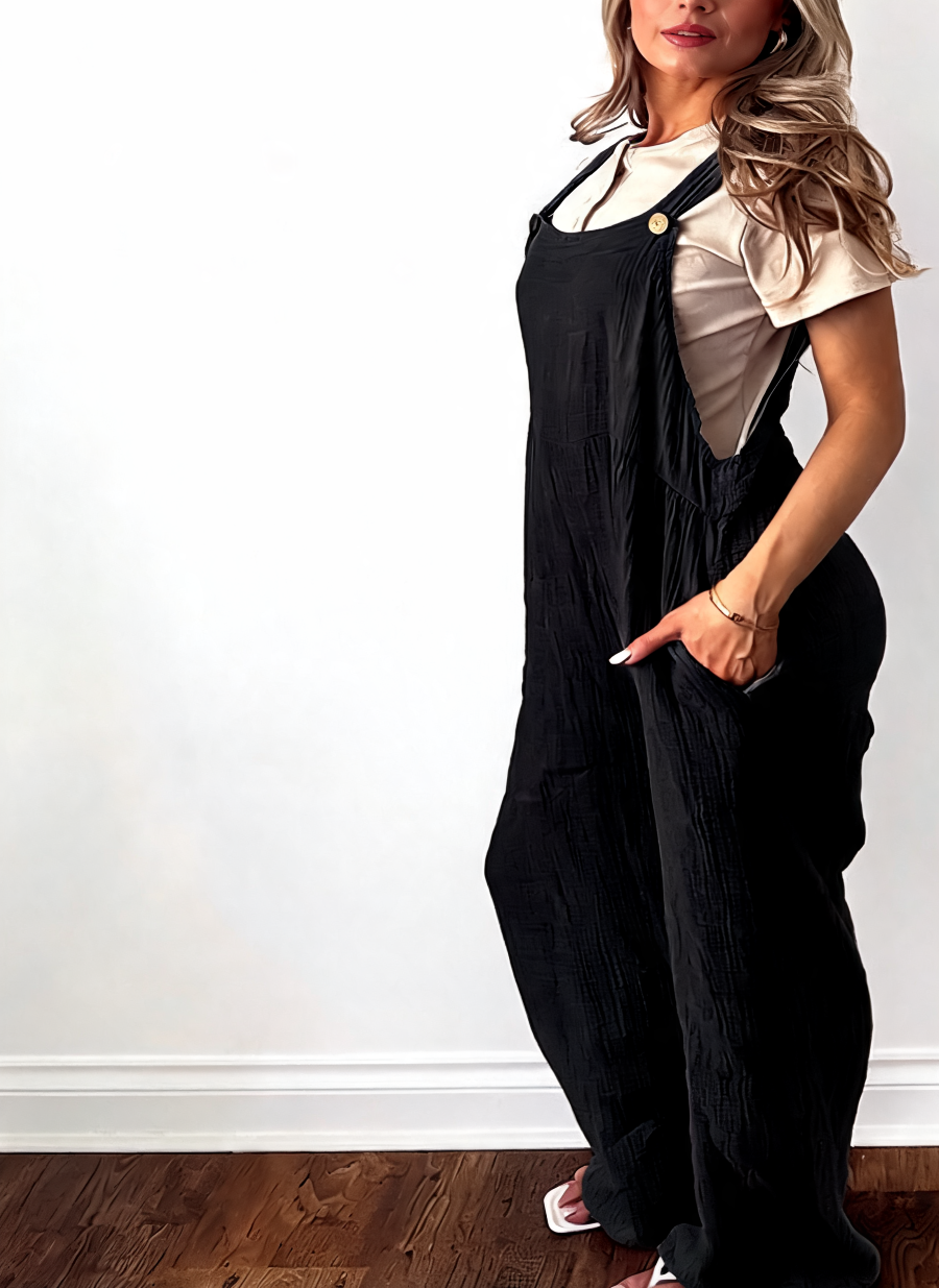 Cotton gauze wide-leg dungaree jumpsuit, black sleeveless bib with button shoulder straps
