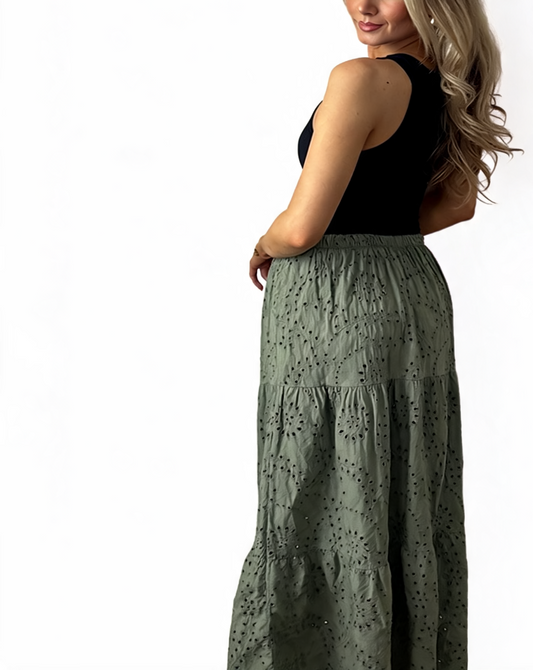 Broderie Anglaise Tiered Maxi Skirt - Khaki