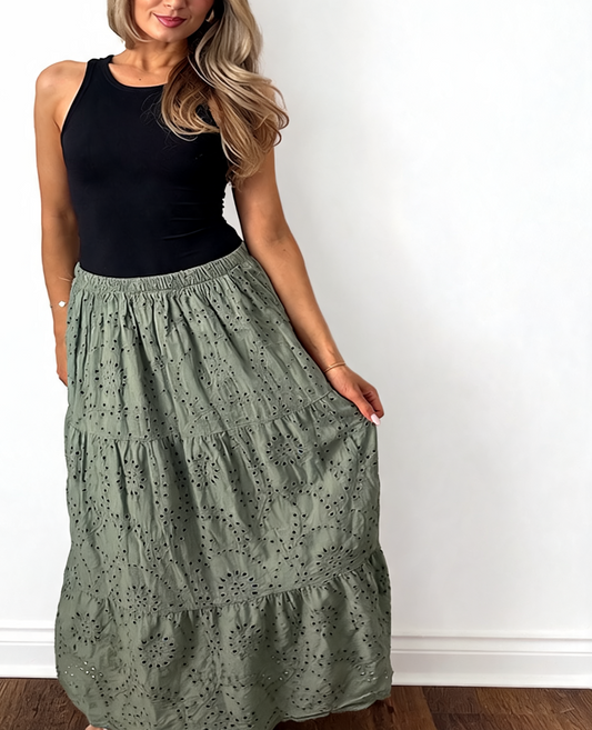 Broderie Anglaise Tiered Maxi Skirt - Khaki