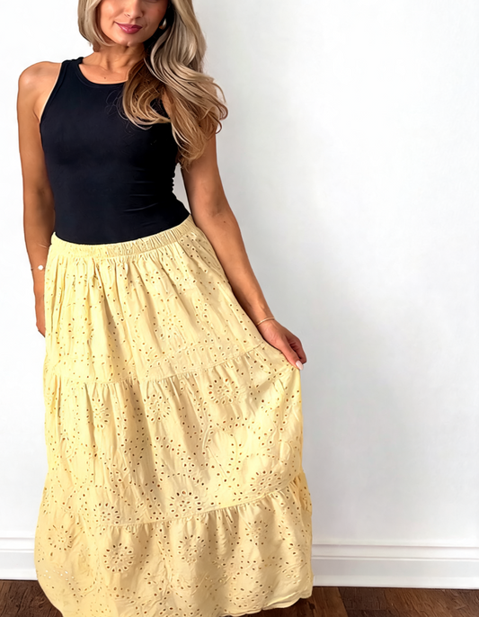 Broderie Anglaise Tiered Maxi Skirt - Lemon
