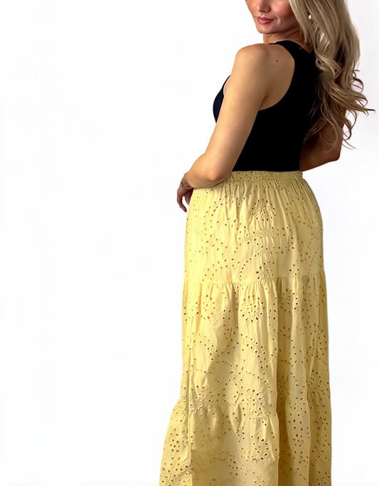 Broderie Anglaise Tiered Maxi Skirt - Lemon