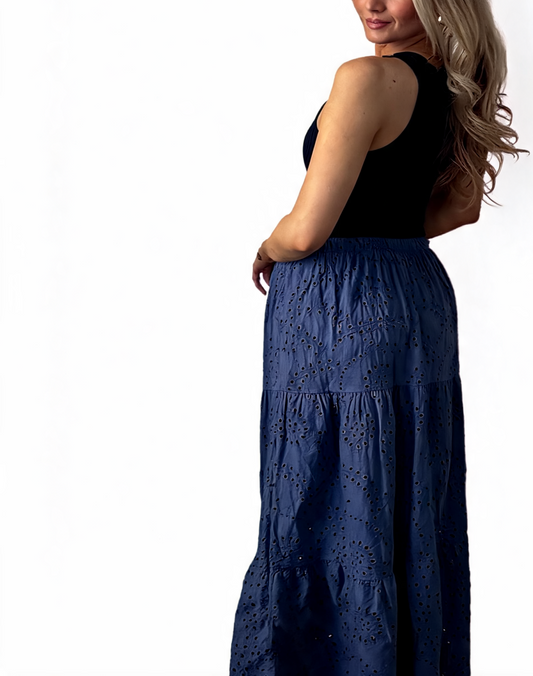 Broderie Anglaise Tiered Maxi Skirt - Navy