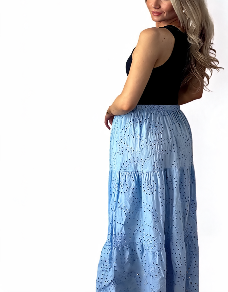 Tiered maxi skirt with broderie anglaise eyelet pattern and elastic waistband, sky blue