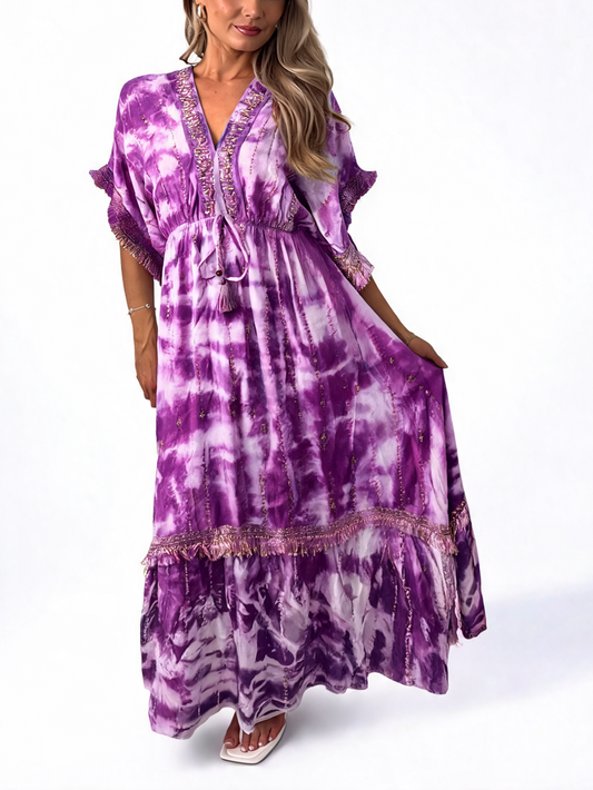 Tie-Dye Embellished Tassel Tie Boho Maxi Dress