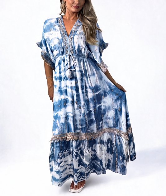 Tie-Dye Embellished Tassel Tie Boho Maxi Dress