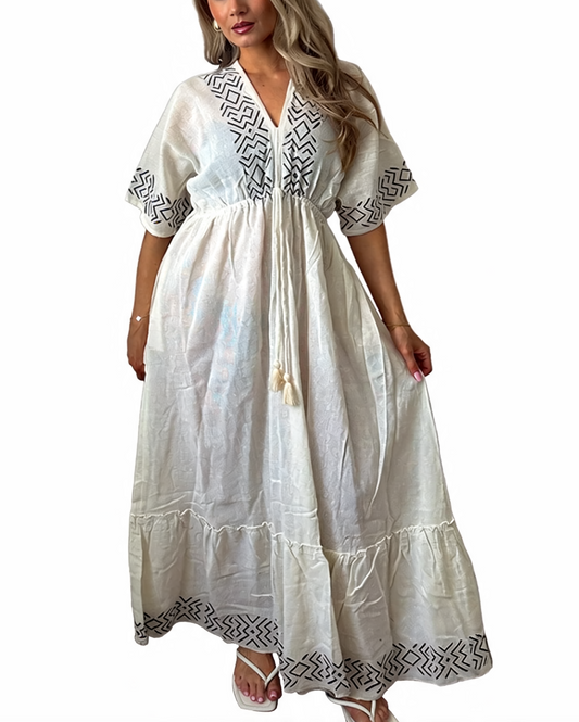 Geometric Embroidered Tassel Tie Boho Maxi Dress