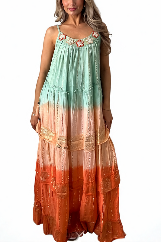 Boho Ombré Tiered Maxi Dress with Floral Embroidered Neckline