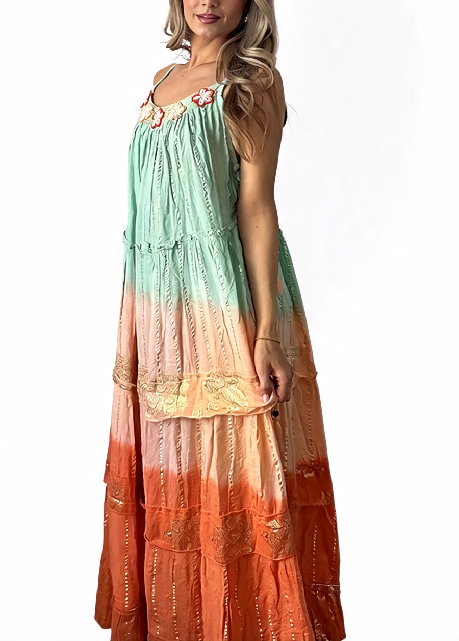 Boho Ombré Tiered Maxi Dress with Floral Embroidered Neckline