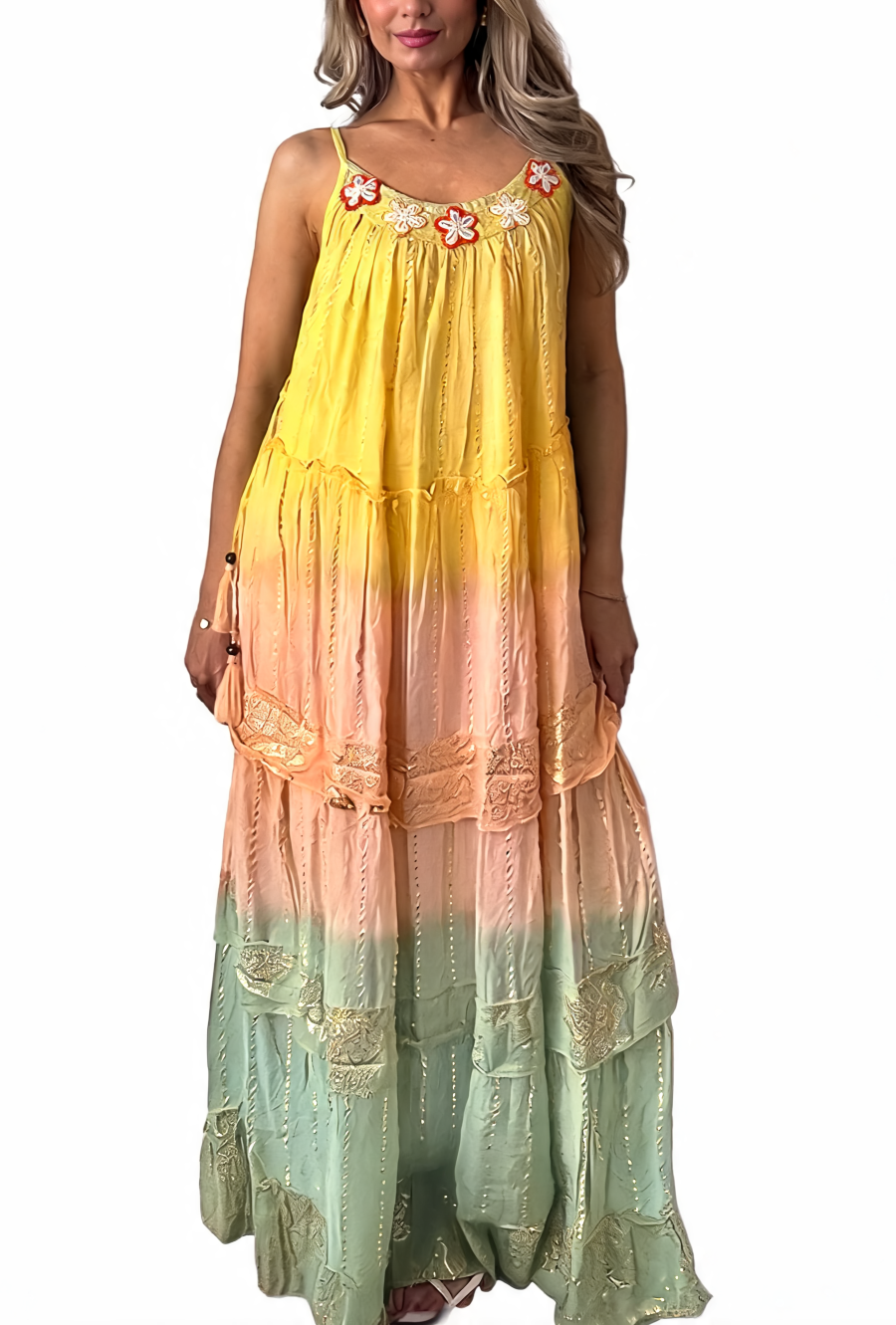 Boho Ombré Tiered Maxi Dress with Floral Embroidered Neckline