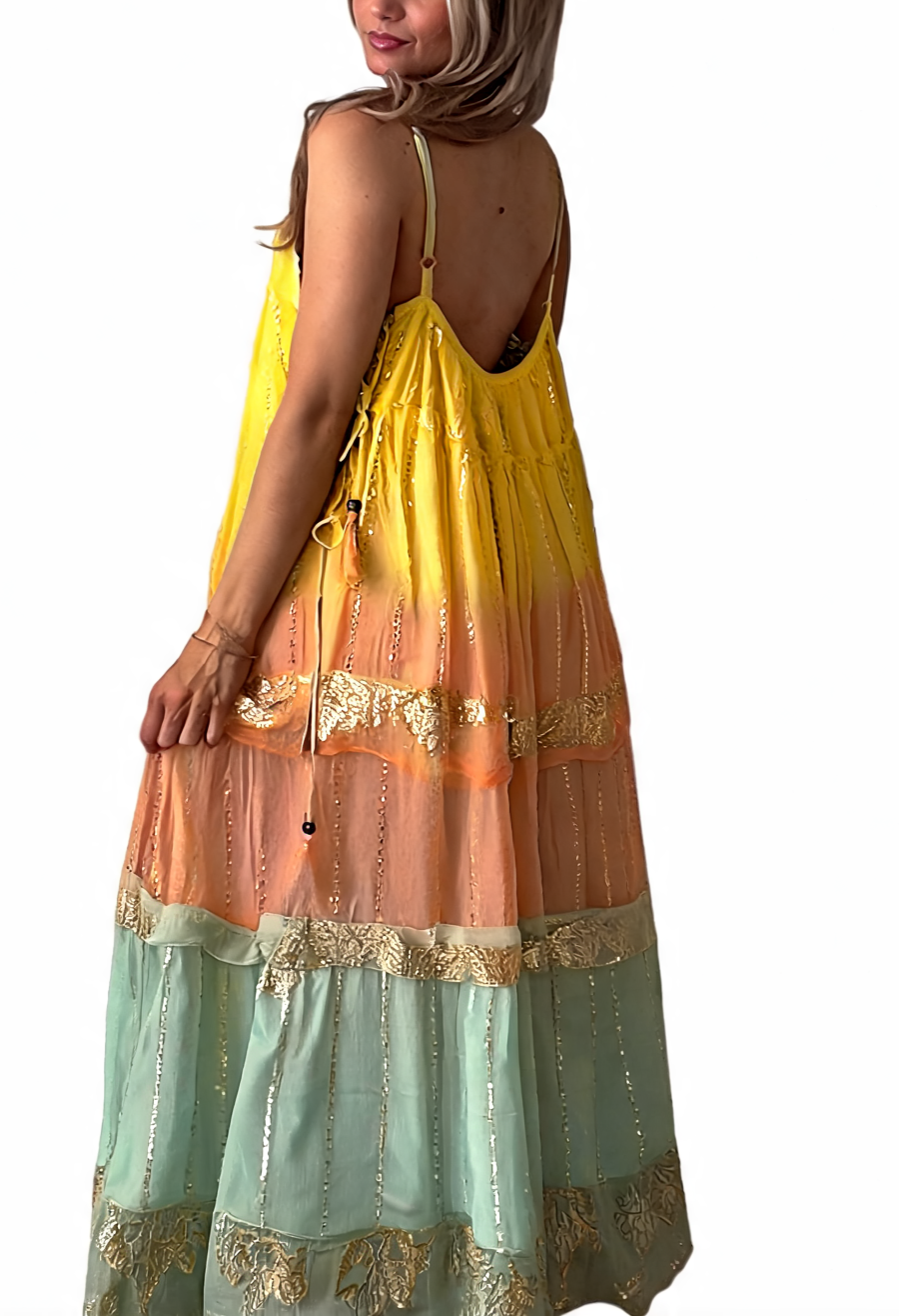 Boho Ombré Tiered Maxi Dress with Floral Embroidered Neckline