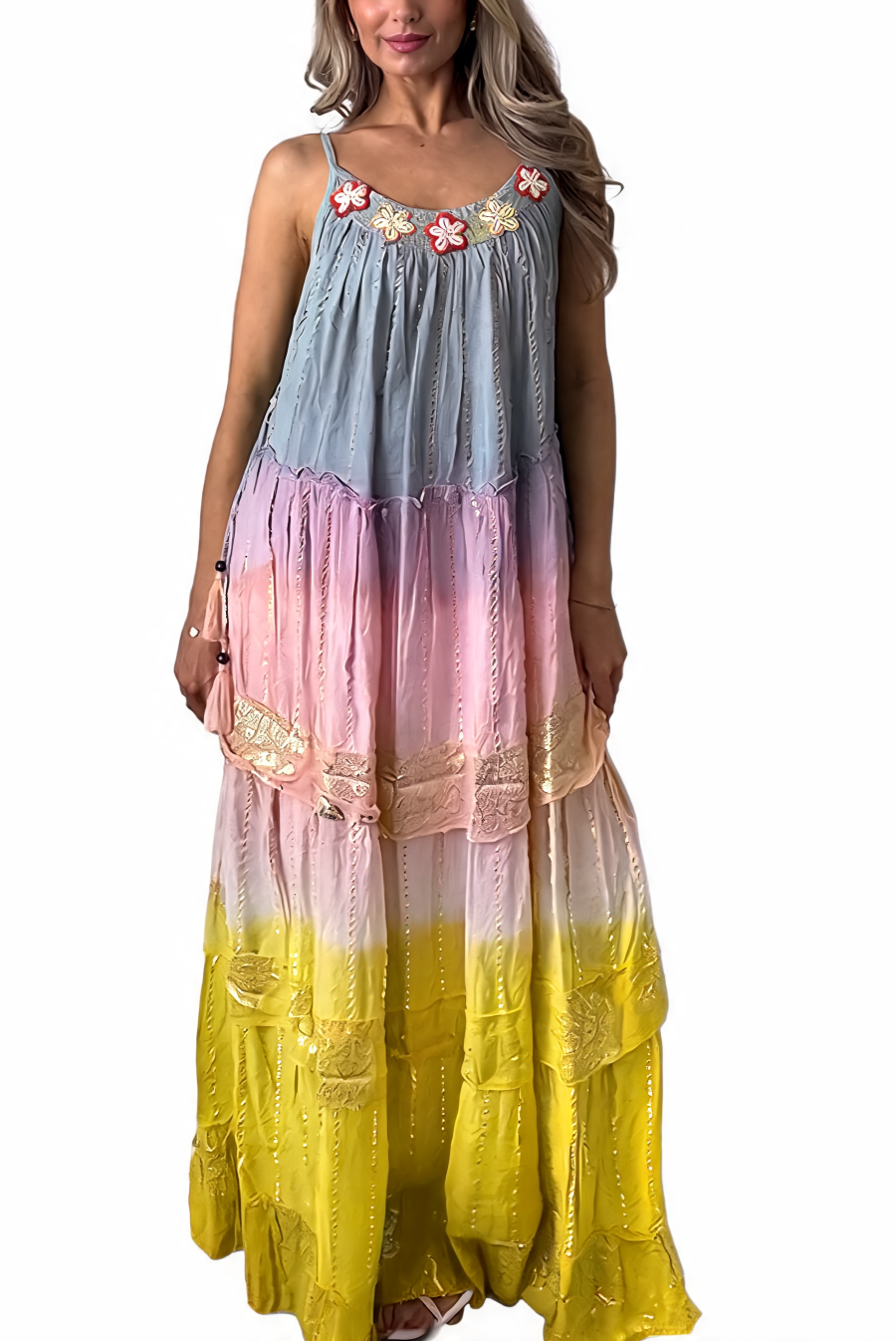 Boho Ombré Tiered Maxi Dress with Floral Embroidered Neckline