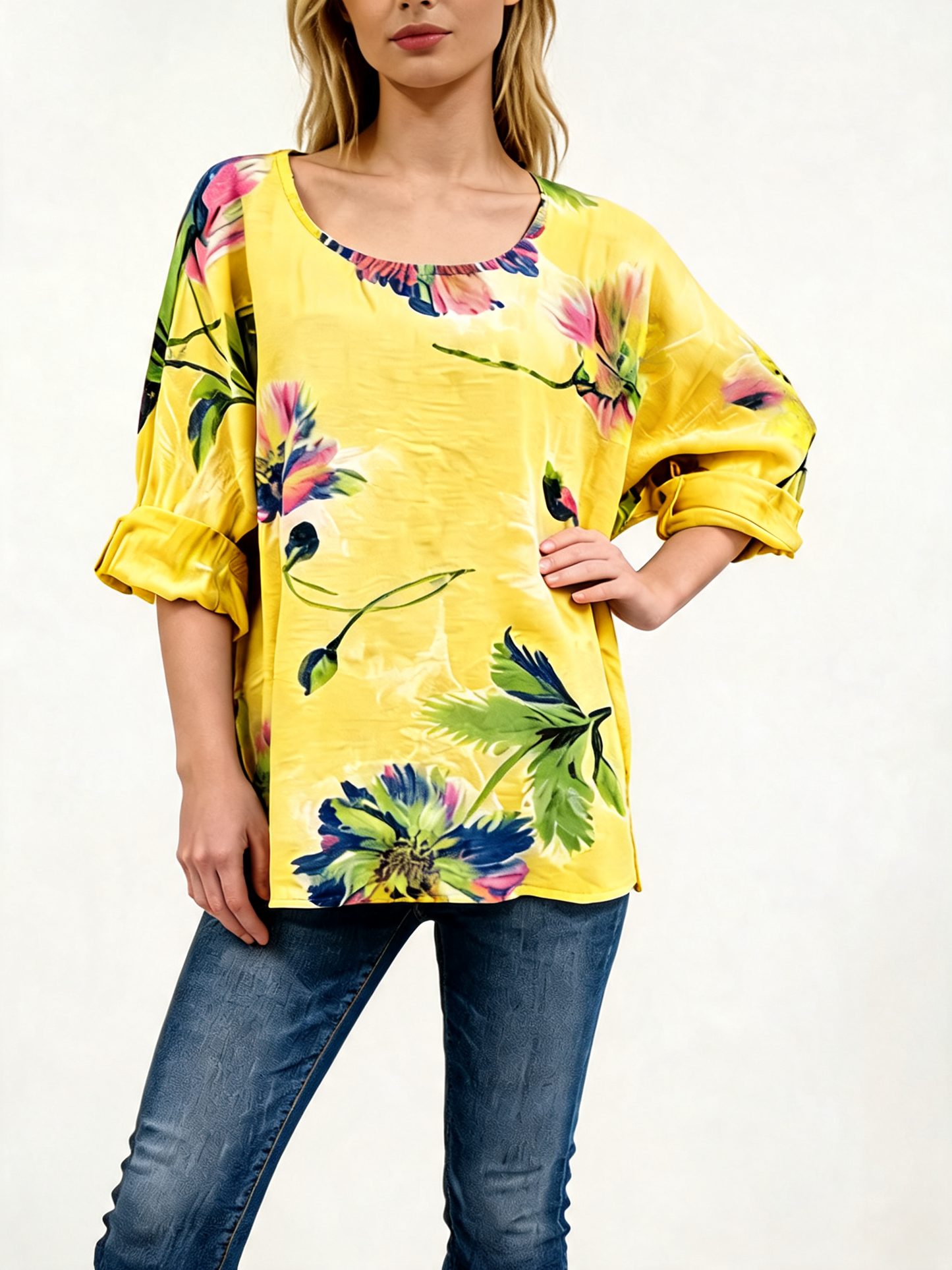 Watercolour Floral Print Tunic Oversized Round Neck Blouse