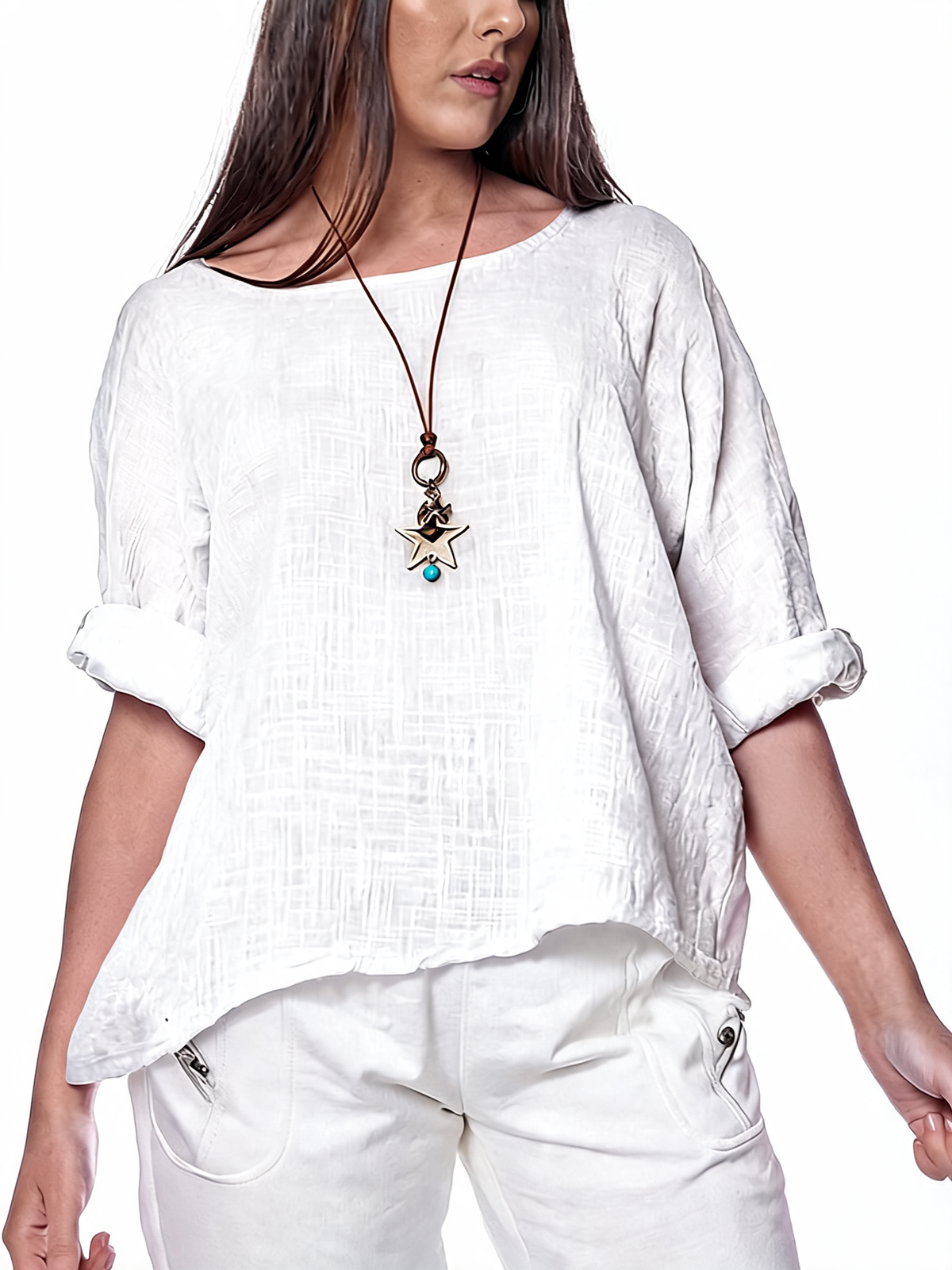 White women’s plain tunic top with wide round neckline and rolled three-quarter sleeves