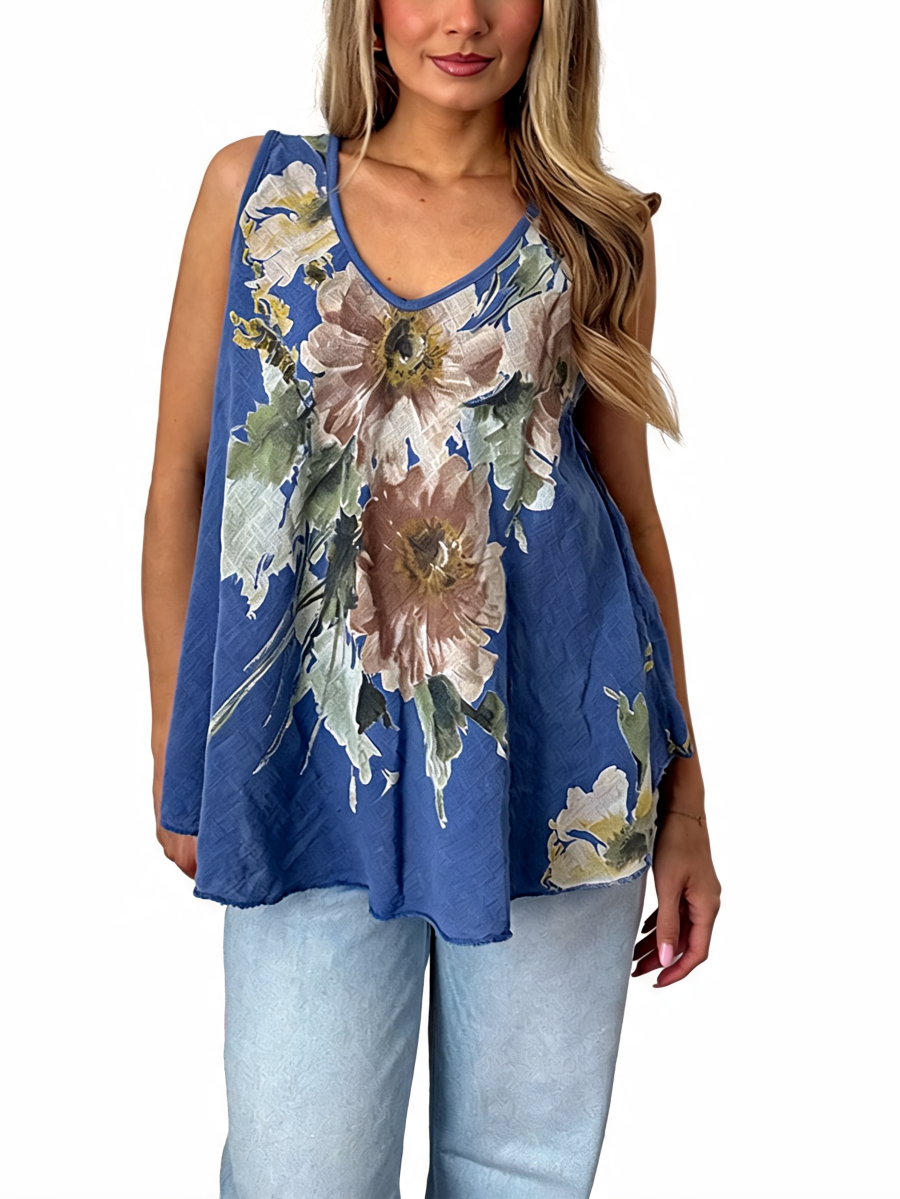 Watercolor floral print V-neck tank top in royal blue, sleeveless with draped hem