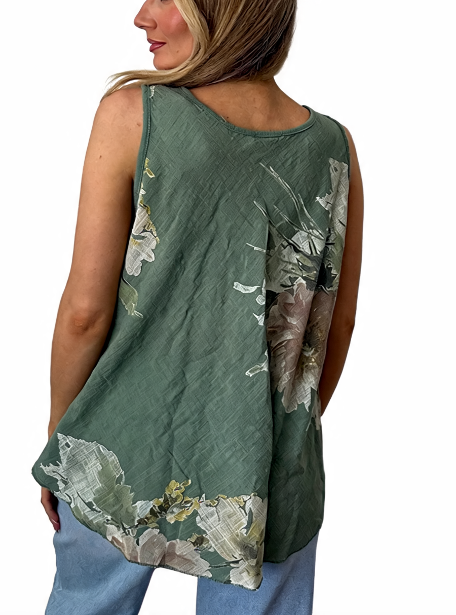 T-shirt met korte mouwen van bloemenkant en botanische print - Marineblauw