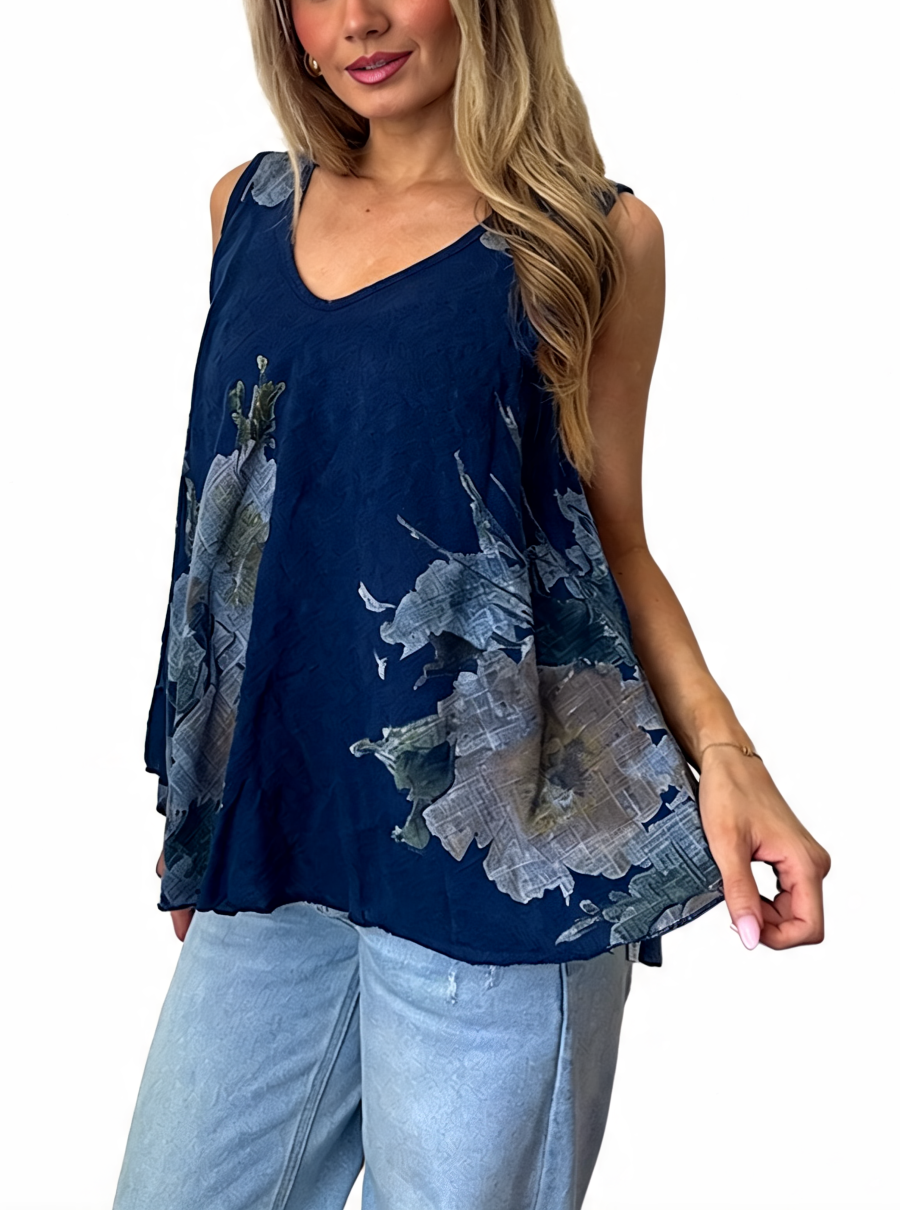 T-shirt met korte mouwen van bloemenkant en botanische print - Marineblauw