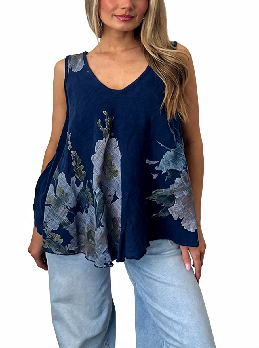 T-shirt met korte mouwen van bloemenkant en botanische print - Marineblauw