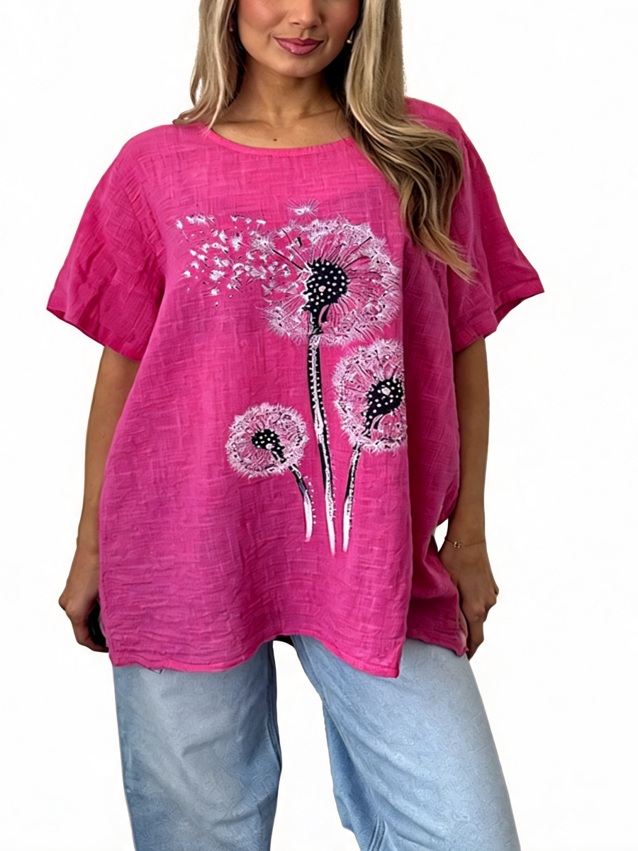 Dandelion Print Oversized Relaxed Fit Long Sleeve Top