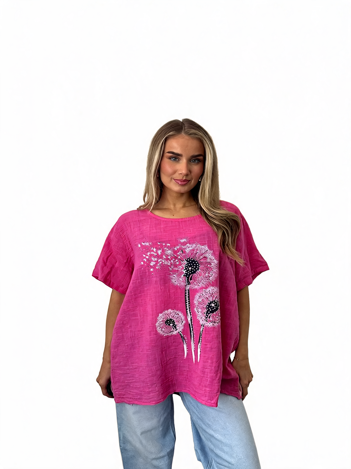 Women’s cerise dandelion flower print tunic top with loose short sleeves