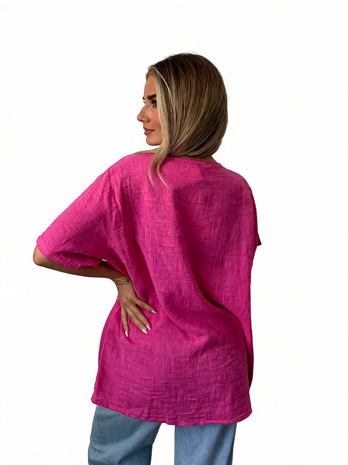 Women’s cerise tunic top with dandelion print, back view