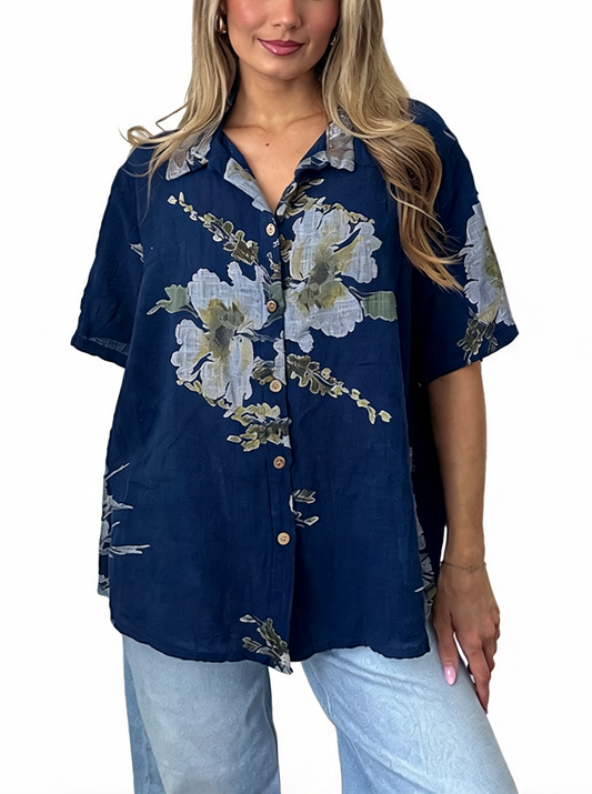 Floral Print Button-Down Tunic Shirt